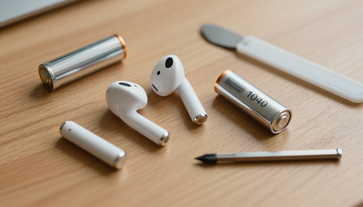 Disassembled wireless earbud with tiny silver pouch battery and repair tools on wooden desk.