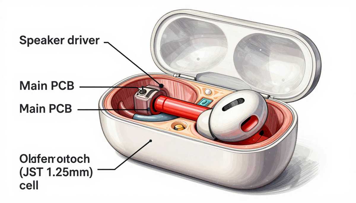 Labeled diagram of earbud internals showing JST battery connector and lithium cell location.