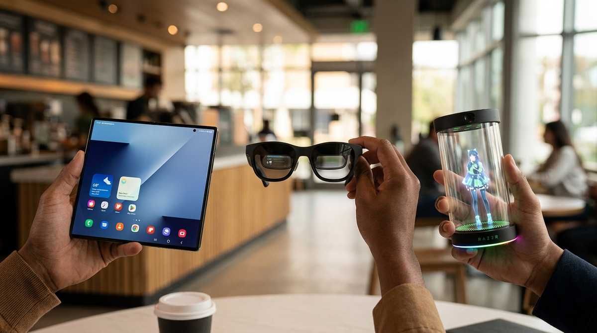 Three hands holding Samsung Galaxy Z Trifold unfolded, XREAL smart glasses, and Razer Project AVA holographic AI assistant.