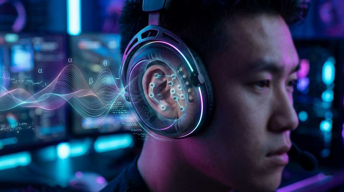 Gamer wearing HyperX Neurable brain-sensing headset with glowing EEG sensor and brain wave visualization.
