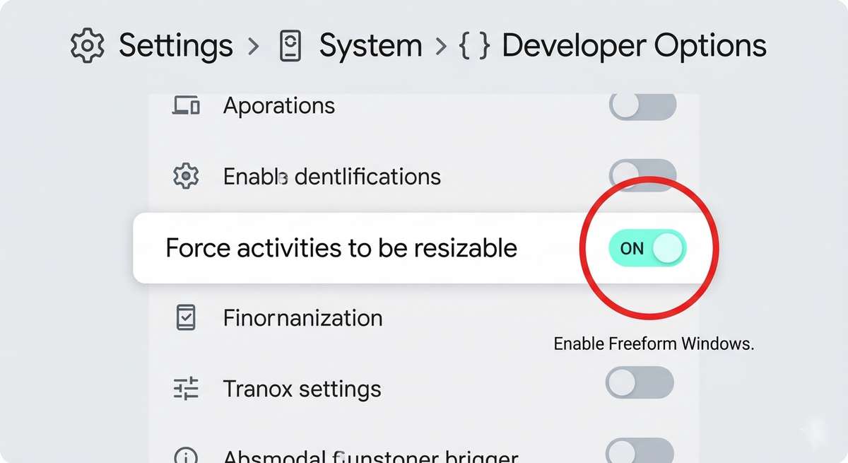 Developer options menu with Force activities to be resizable toggle highlighted in red circle.