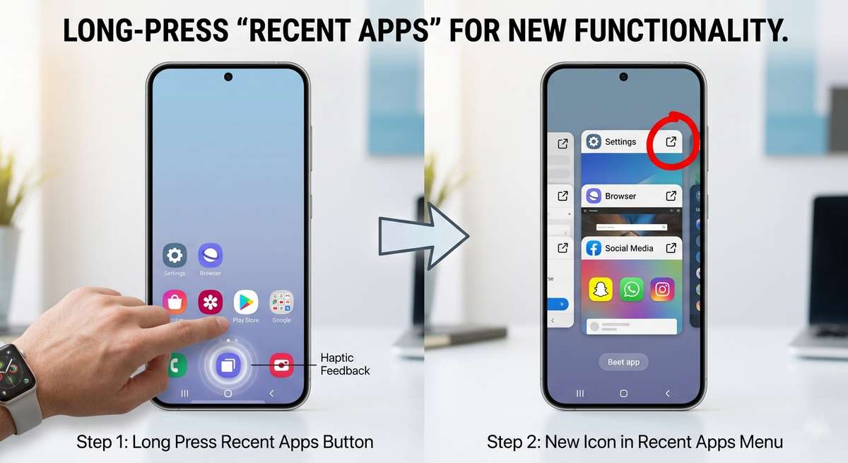 Tutorial showing long-press recent apps button and the floating window icon on each app card.