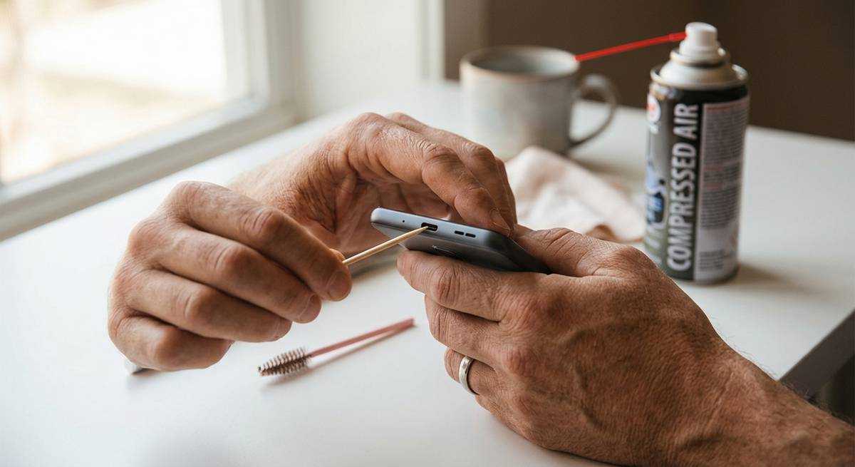 Person gently cleaning smartphone USB-C port with wooden toothpick and soft brush on white desk.