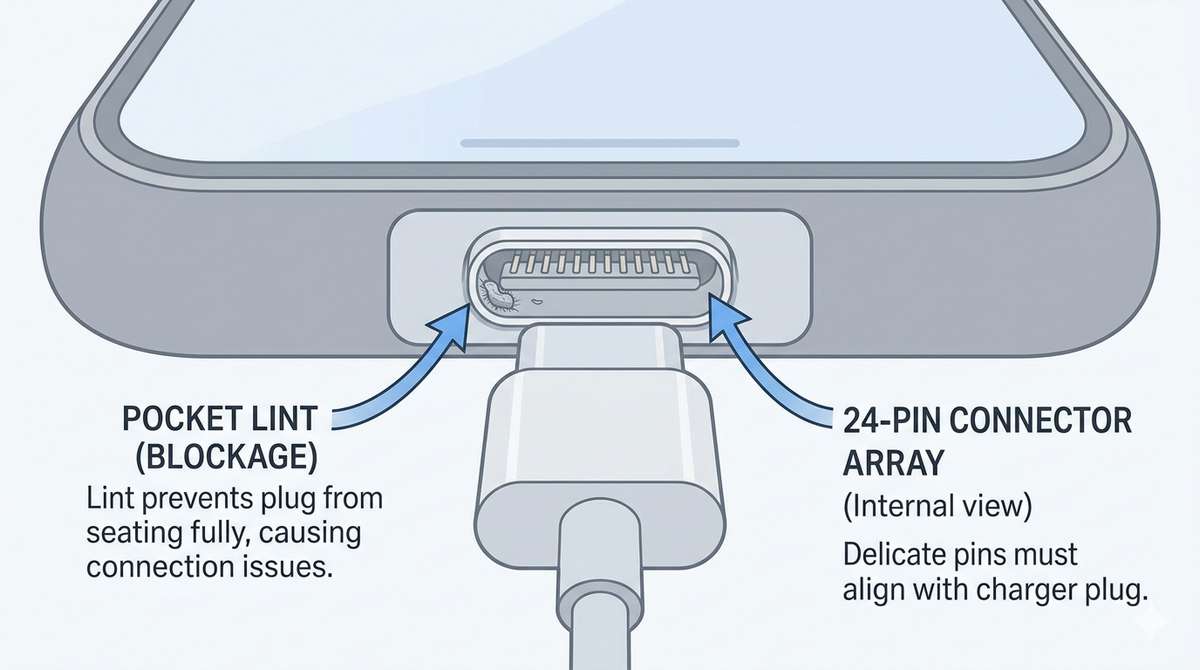 Cross-section diagram of USB-C port showing pocket lint jammed at back preventing charger connection.