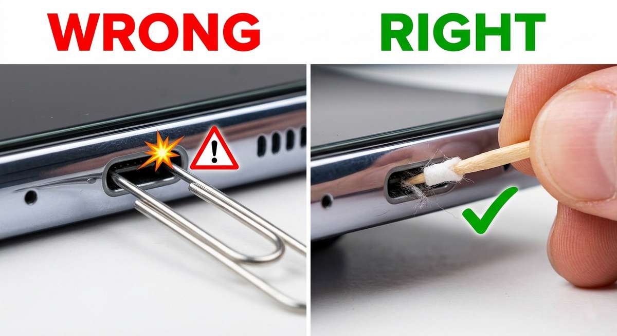 Comparison image: metal paperclip damaging USB-C port versus wooden toothpick safely cleaning it.