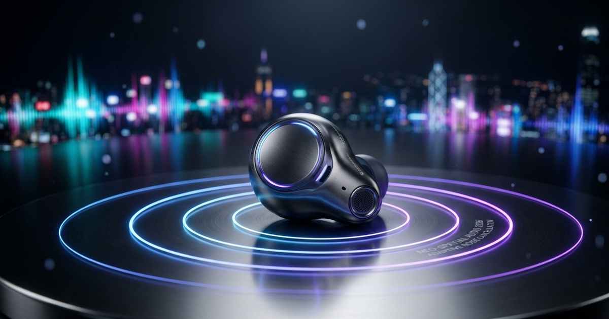 Ilustrasi earbud nirkabel premium dengan gelombang suara bercahaya, mewakili inovasi audio 2026 suara ruang dan noise cancellation