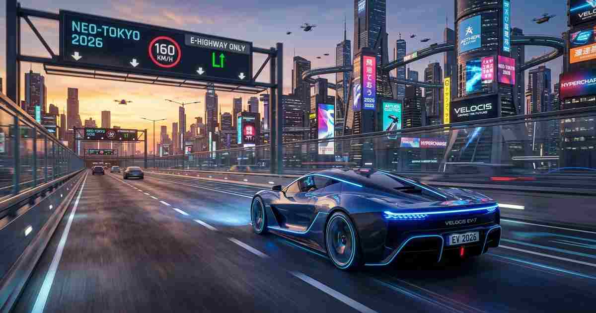 Supercar listrik futuristik melaju di jalan tol perkotaan dengan latar gedung pencakar langit dan lampu neon biru, mewakili tren mobil listrik 2026
